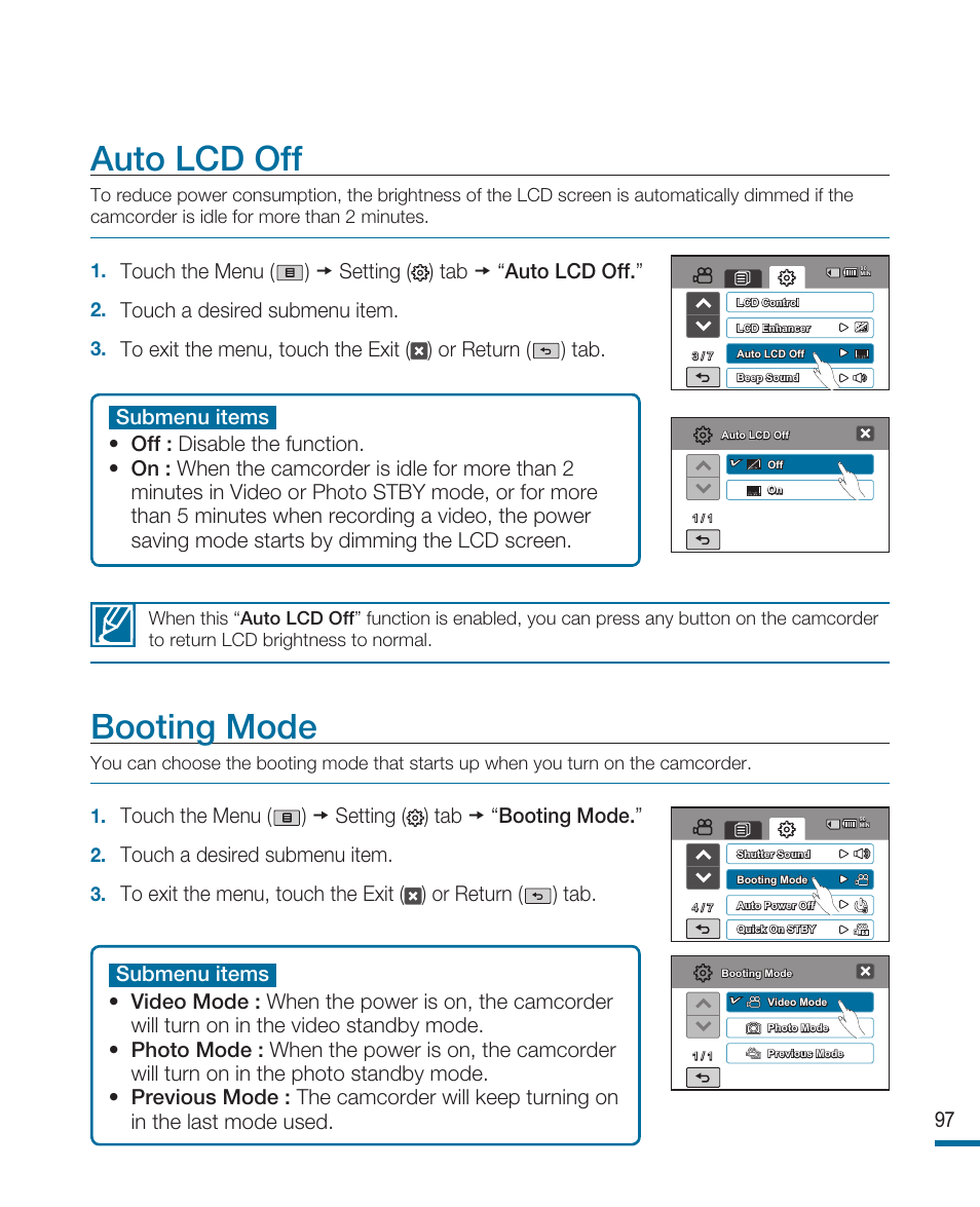 Auto lcd off, Booting mode, Touch a desired submenu item | Samsung HMX-R10SN User Manual | Page 101 / 157