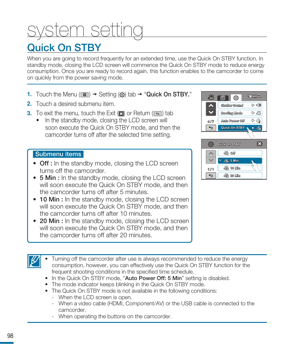Quick on stby, System setting | Samsung HMX-R10SN User Manual | Page 102 / 157