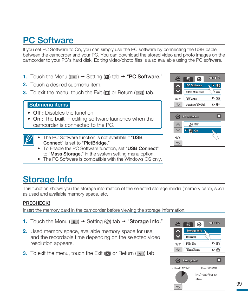 Pc software, Storage info, Touch a desired submenu item | Samsung HMX-R10SN User Manual | Page 103 / 157
