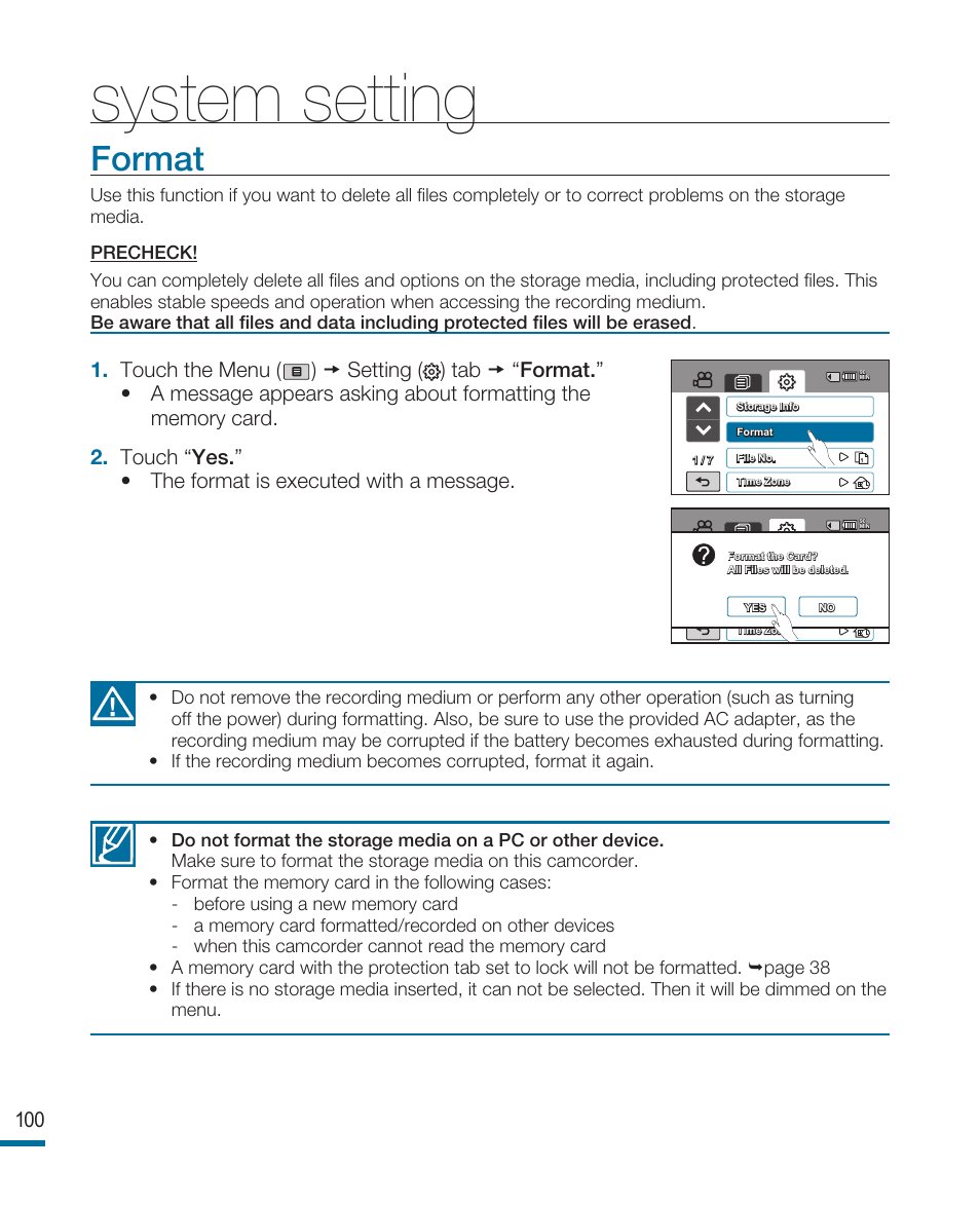 Format, System setting | Samsung HMX-R10SN User Manual | Page 104 / 157