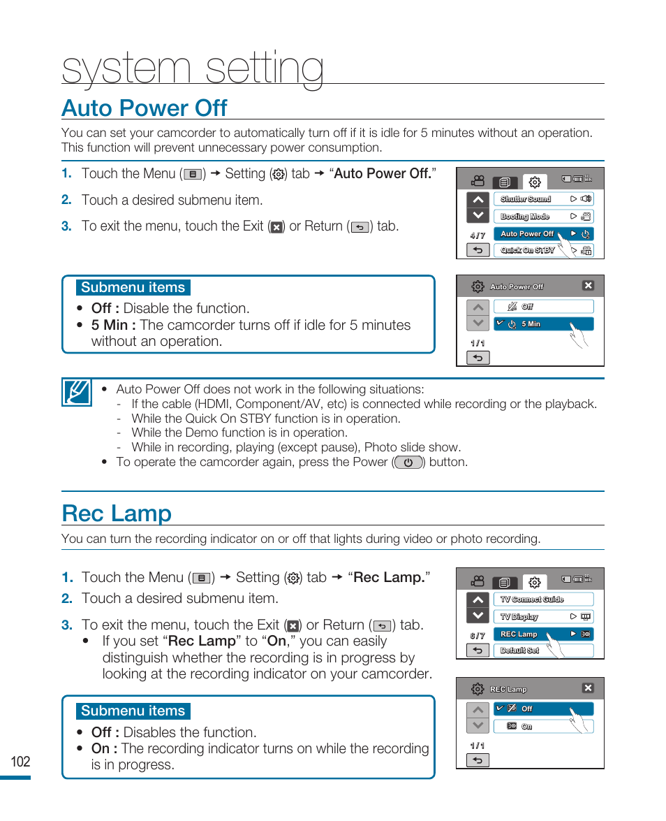Auto power off, Rec lamp, System setting | Samsung HMX-R10SN User Manual | Page 106 / 157