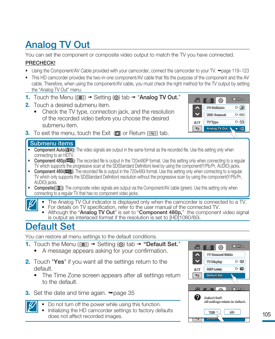 Analog tv out, Default set, Submenu items | Set the date and time again. page 35 | Samsung HMX-R10SN User Manual | Page 109 / 157