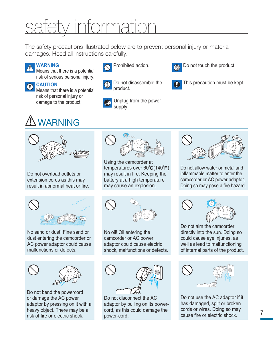 Safety information, Warning | Samsung HMX-R10SN User Manual | Page 11 / 157