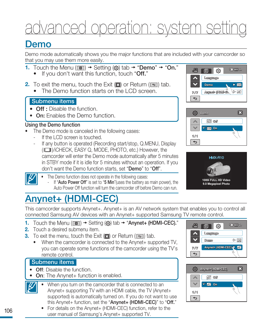 Demo, Anynet+ (hdmi-cec), Advanced operation: system setting | Samsung HMX-R10SN User Manual | Page 110 / 157