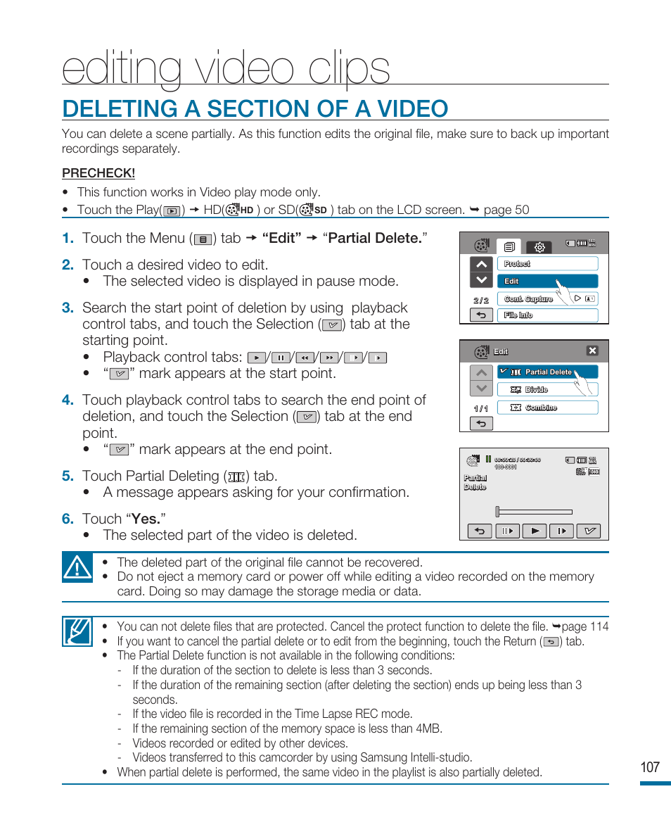 Editing video clips, Deleting a section of a video | Samsung HMX-R10SN User Manual | Page 111 / 157