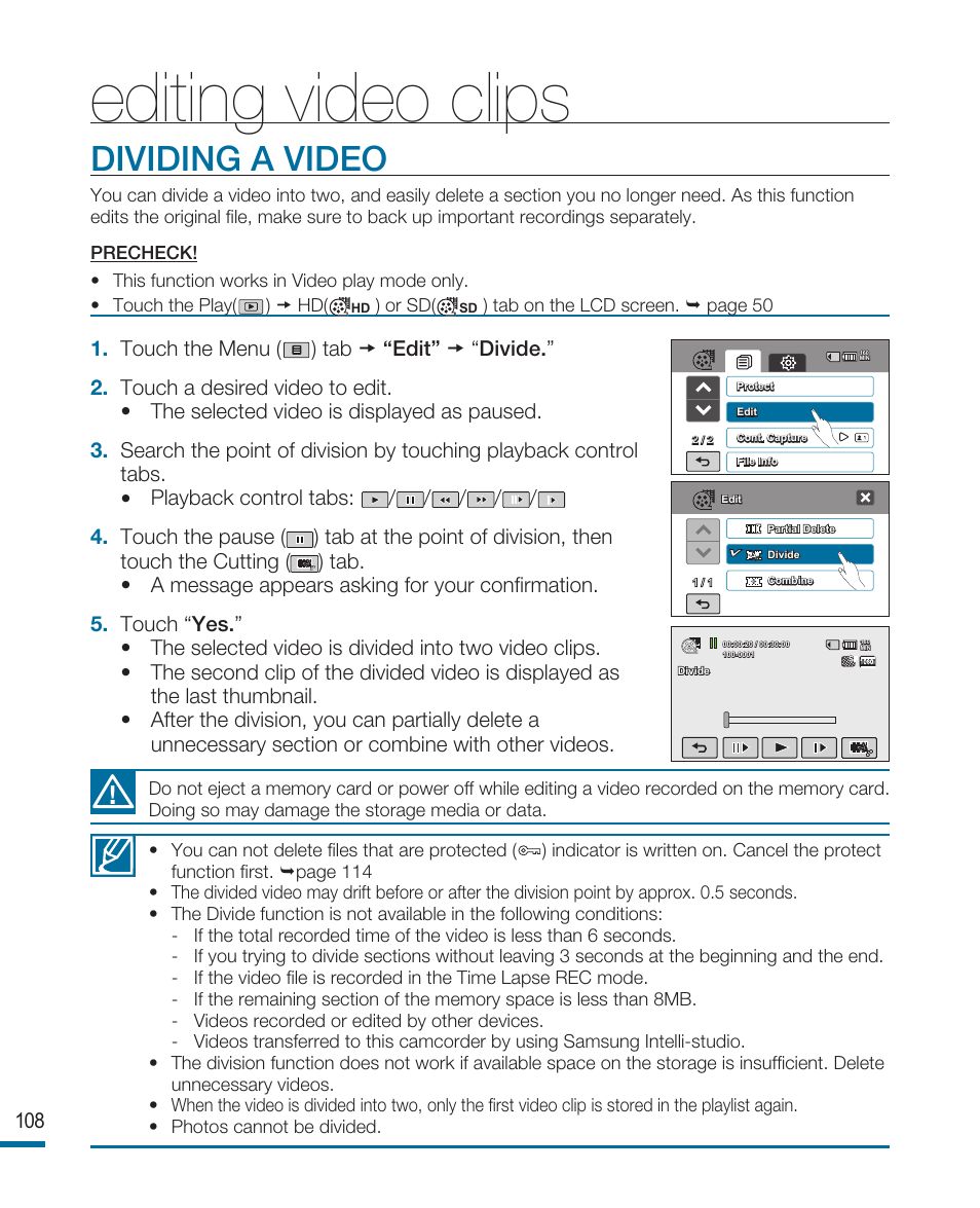 Dividing a video, Editing video clips | Samsung HMX-R10SN User Manual | Page 112 / 157
