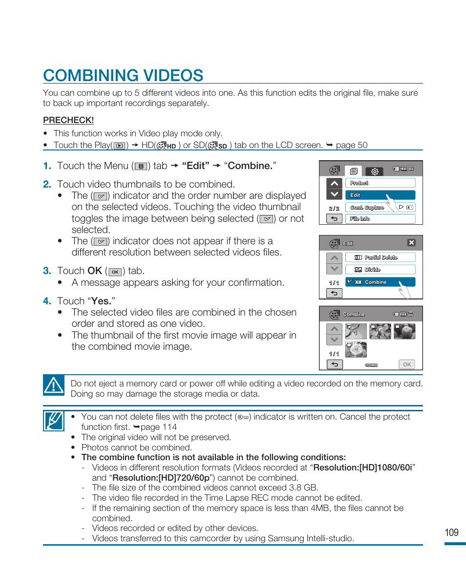 Combining videos | Samsung HMX-R10SN User Manual | Page 113 / 157