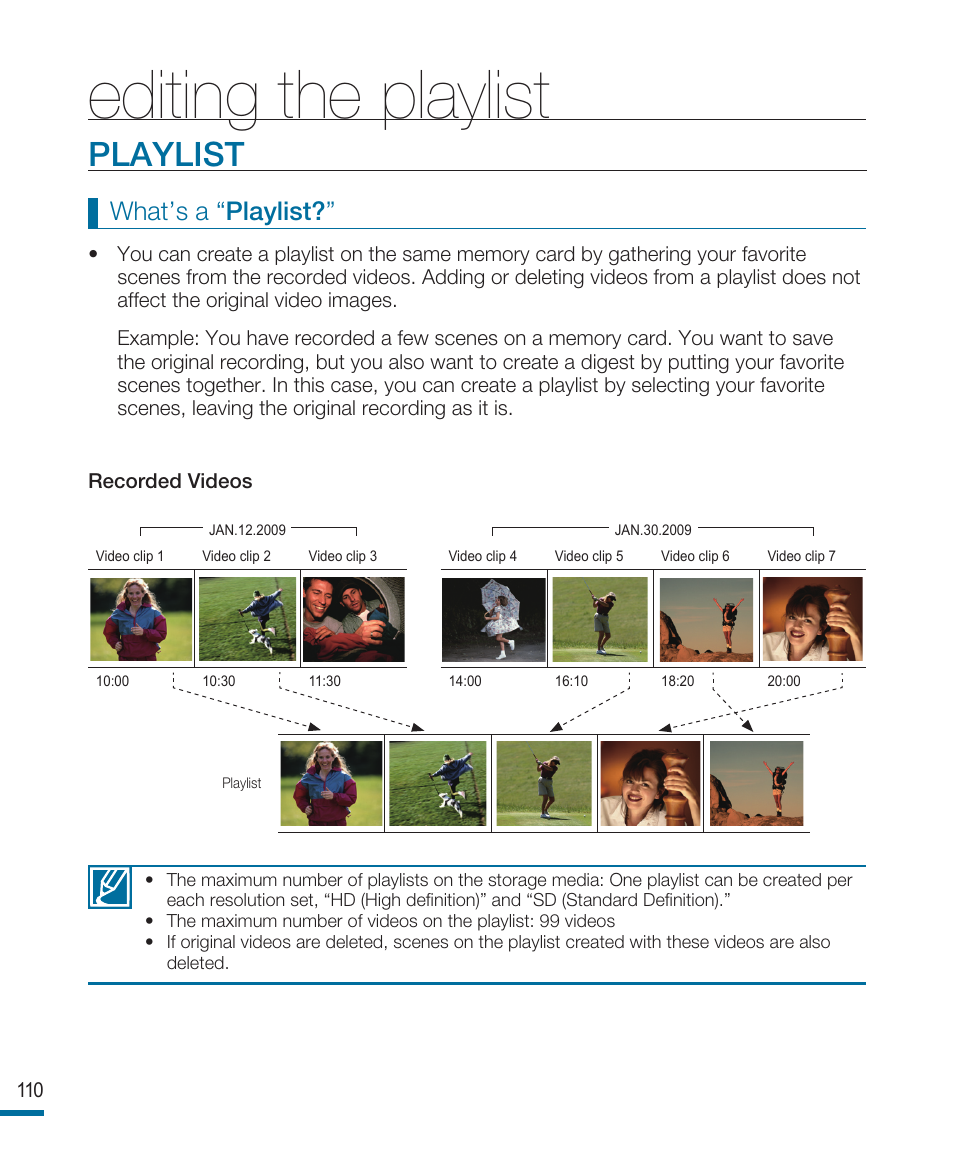 Editing the playlist, Playlist, What’s a “playlist | Samsung HMX-R10SN User Manual | Page 114 / 157