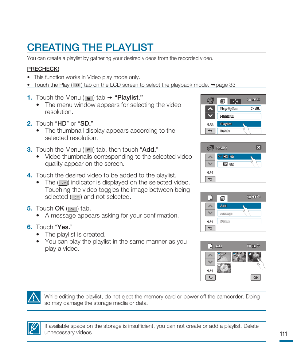 Creating the playlist | Samsung HMX-R10SN User Manual | Page 115 / 157