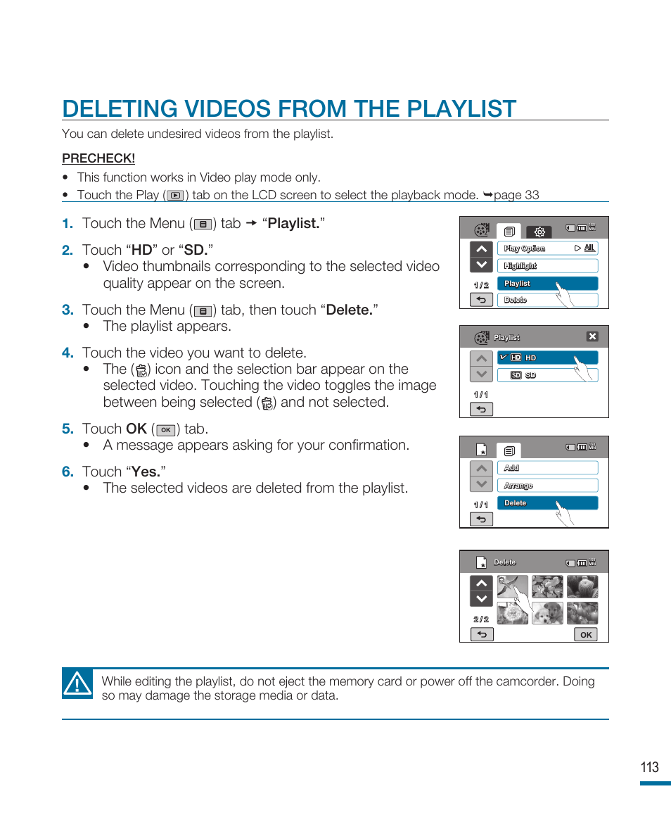Deleting videos from the playlist, Touch the menu ( ) tab  “playlist | Samsung HMX-R10SN User Manual | Page 117 / 157