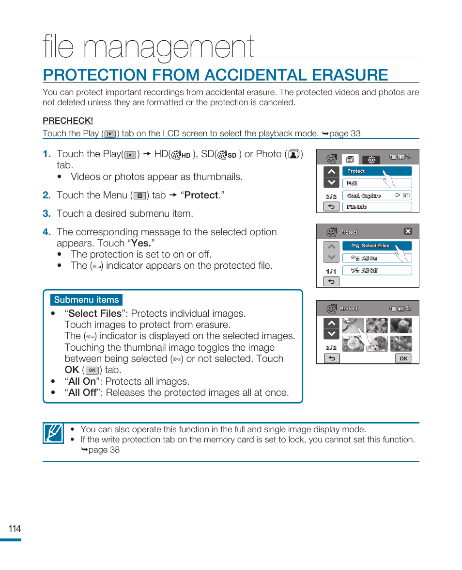 File management, Protection from accidental erasure | Samsung HMX-R10SN User Manual | Page 118 / 157