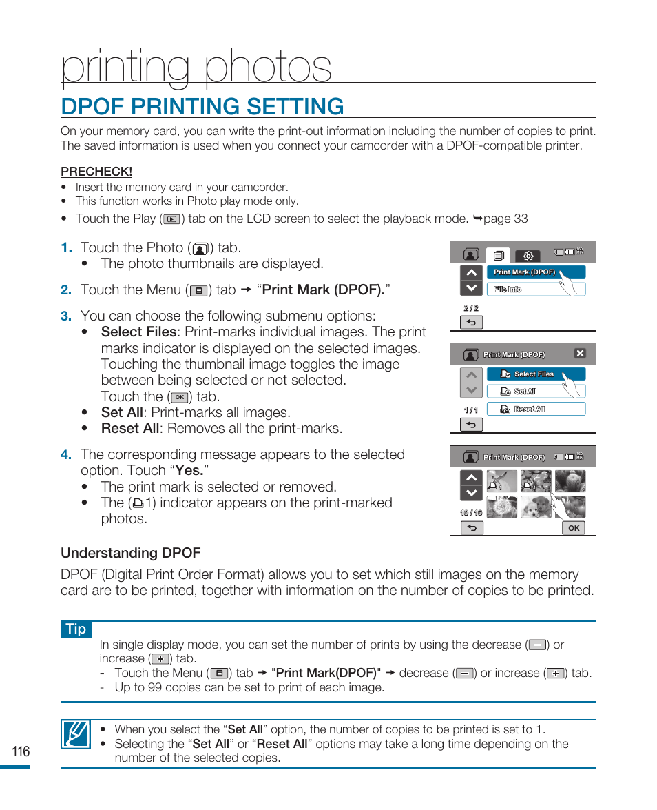 Printing photos, Dpof printing setting | Samsung HMX-R10SN User Manual | Page 120 / 157