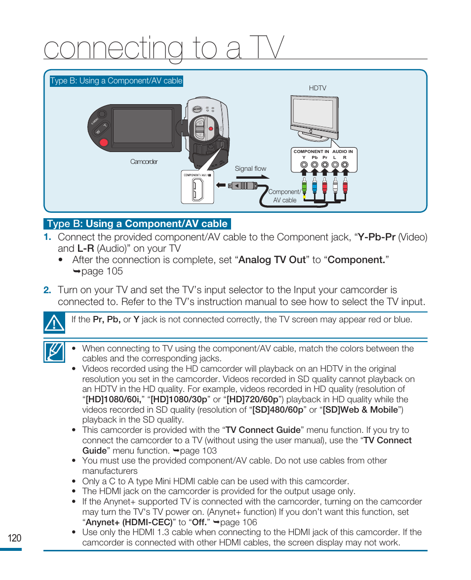 Connecting to a tv | Samsung HMX-R10SN User Manual | Page 124 / 157