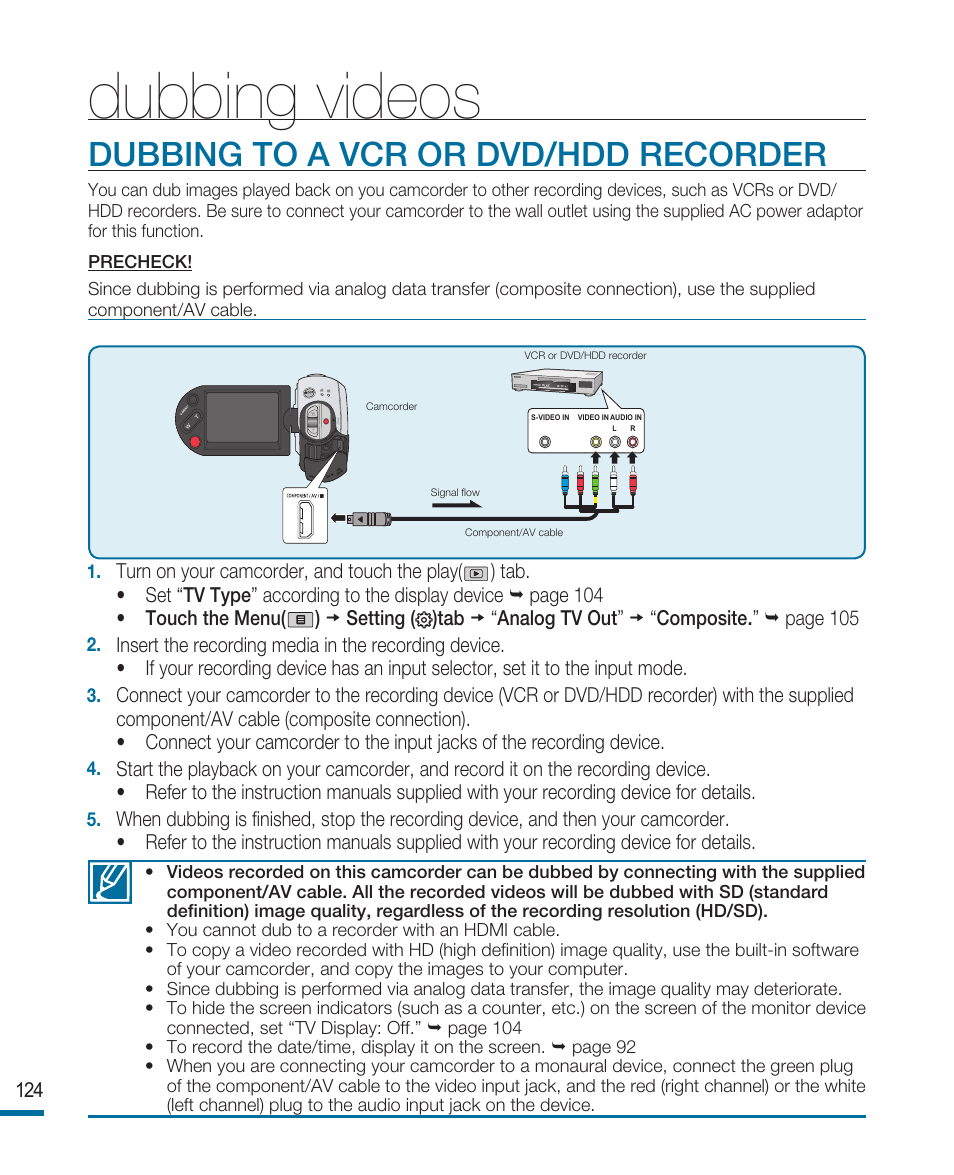 Dubbing videos, Dubbing to a vcr or dvd/hdd recorder | Samsung HMX-R10SN User Manual | Page 128 / 157