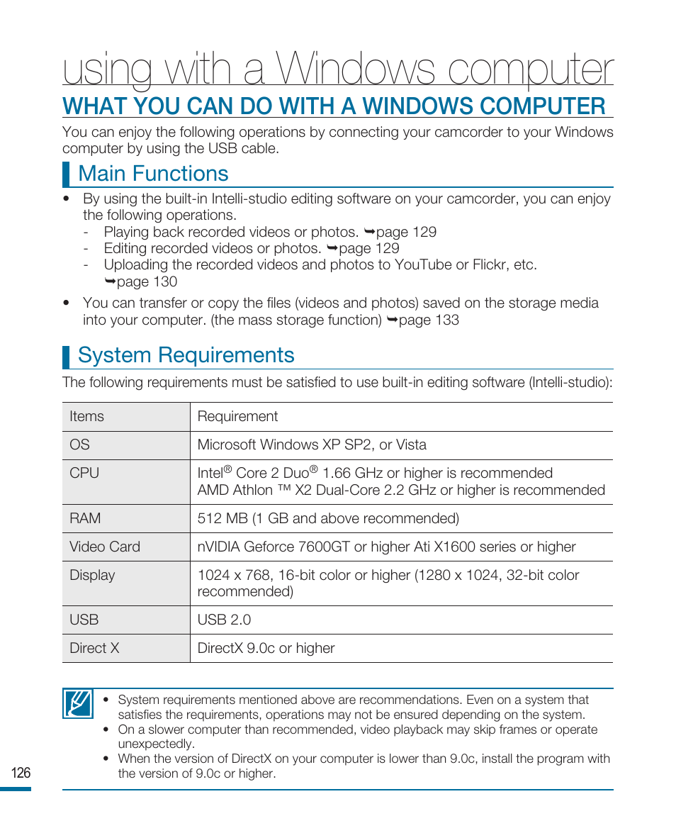 What you can do with a windows computer, Using with a windows computer, Main functions | System requirements | Samsung HMX-R10SN User Manual | Page 130 / 157