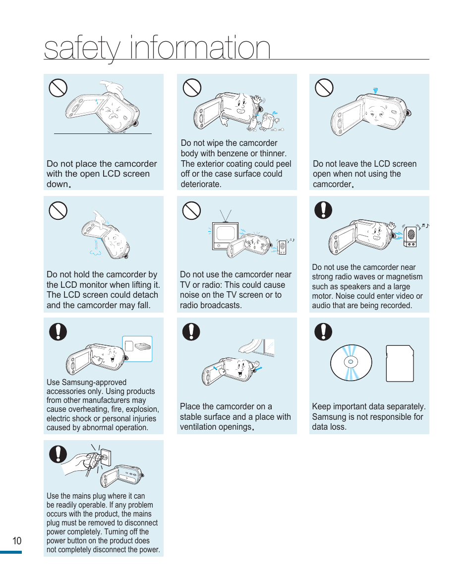 Safety information | Samsung HMX-R10SN User Manual | Page 14 / 157