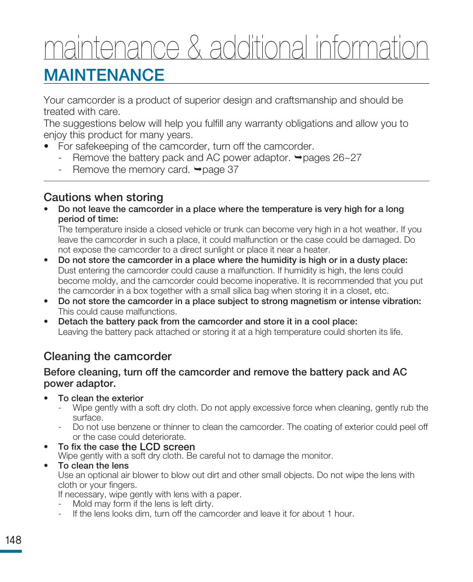 Maintenance & additional information, Maintenance | Samsung HMX-R10SN User Manual | Page 152 / 157