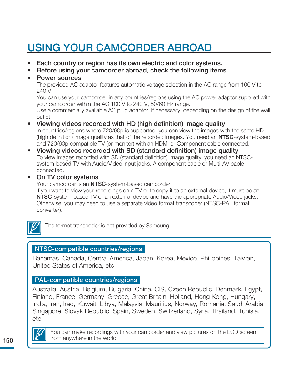 Using your camcorder abroad | Samsung HMX-R10SN User Manual | Page 154 / 157