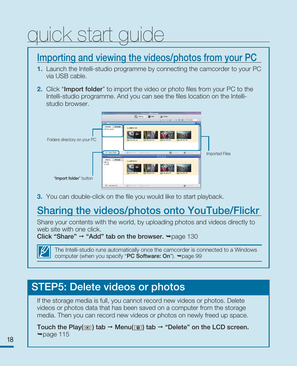 Quick start guide, Sharing the videos/photos onto youtube/flickr, Step5: delete videos or photos | Samsung HMX-R10SN User Manual | Page 22 / 157