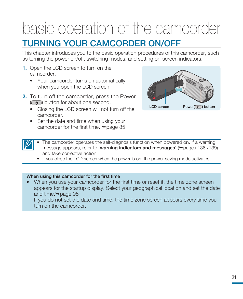 Basic operation of the camcorder, Turning your camcorder on/off | Samsung HMX-R10SN User Manual | Page 35 / 157