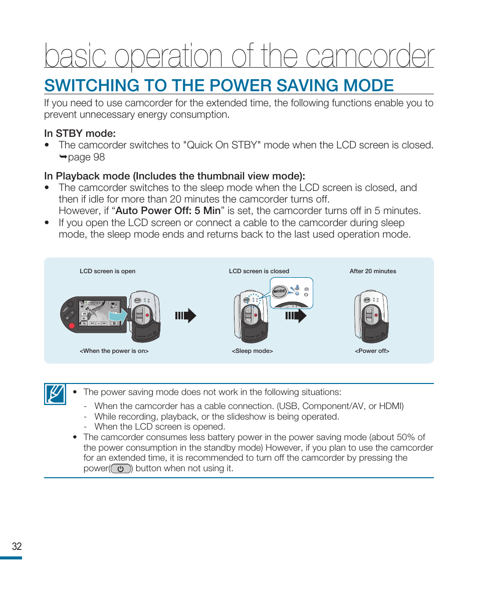 Switching to the power saving mode, Basic operation of the camcorder | Samsung HMX-R10SN User Manual | Page 36 / 157