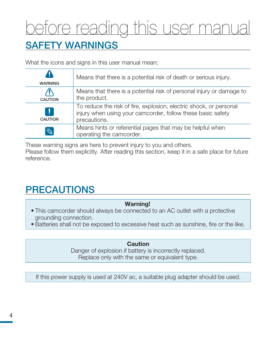 Before reading this user manual, Safety warnings, Precautions | Samsung HMX-R10SN User Manual | Page 4 / 157