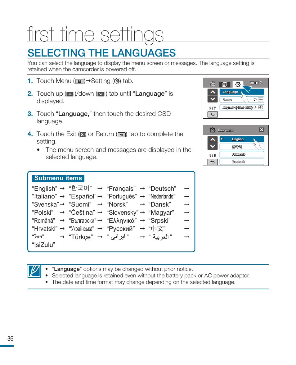 Selecting the languages, First time settings | Samsung HMX-R10SN User Manual | Page 40 / 157