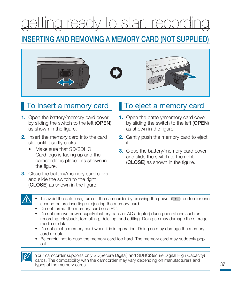 Getting ready to start recording | Samsung HMX-R10SN User Manual | Page 41 / 157