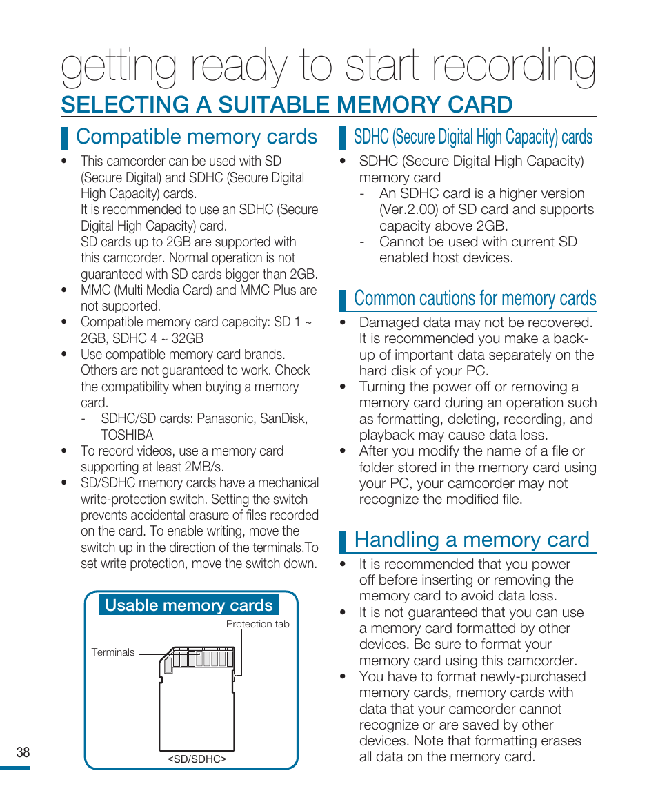 Selecting a suitable memory card, Getting ready to start recording, Sdhc (secure digital high capacity) cards | Samsung HMX-R10SN User Manual | Page 42 / 157