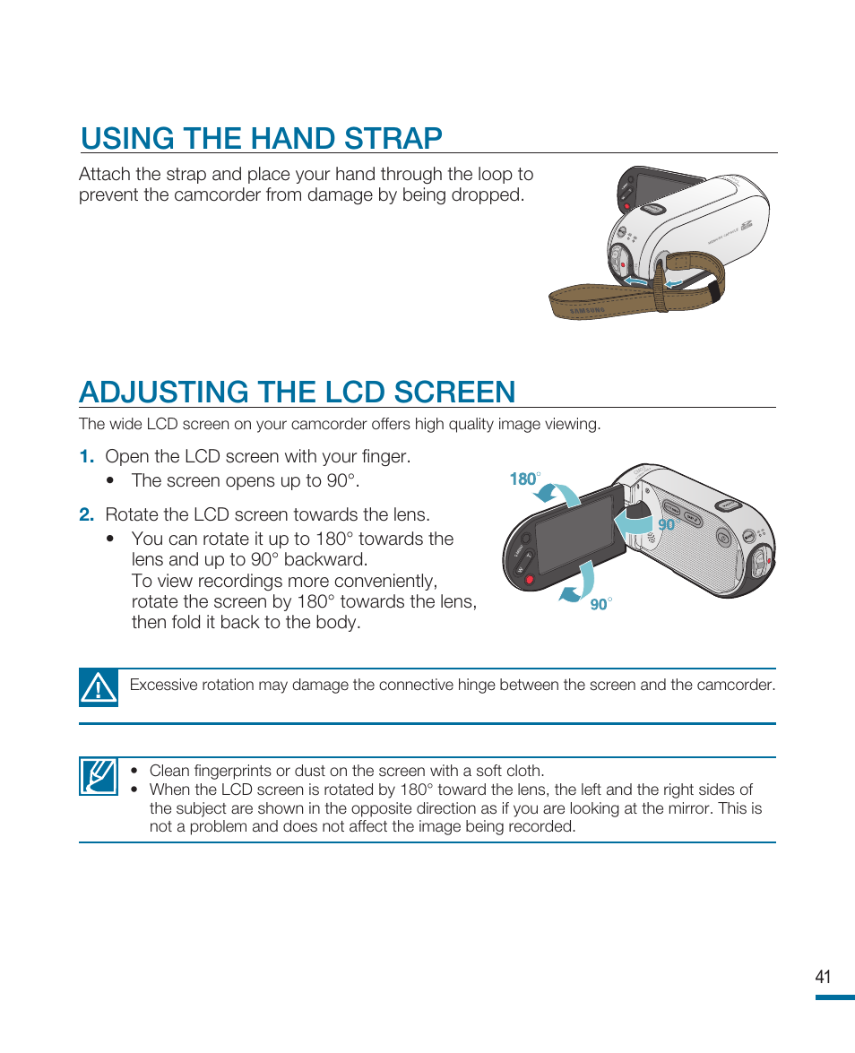 Using the hand strap, Adjusting the lcd screen | Samsung HMX-R10SN User Manual | Page 45 / 157