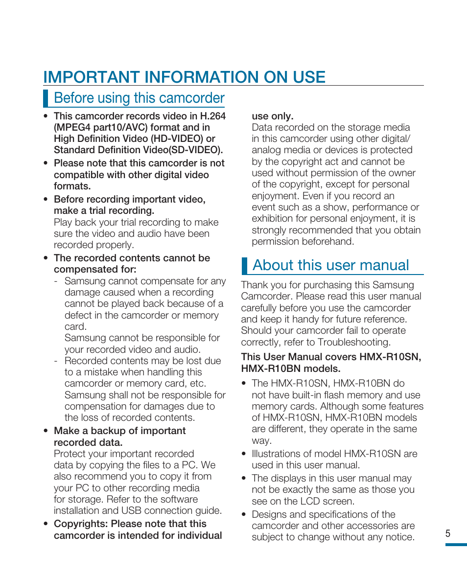 Important information on use, Before using this camcorder about this user manual | Samsung HMX-R10SN User Manual | Page 5 / 157