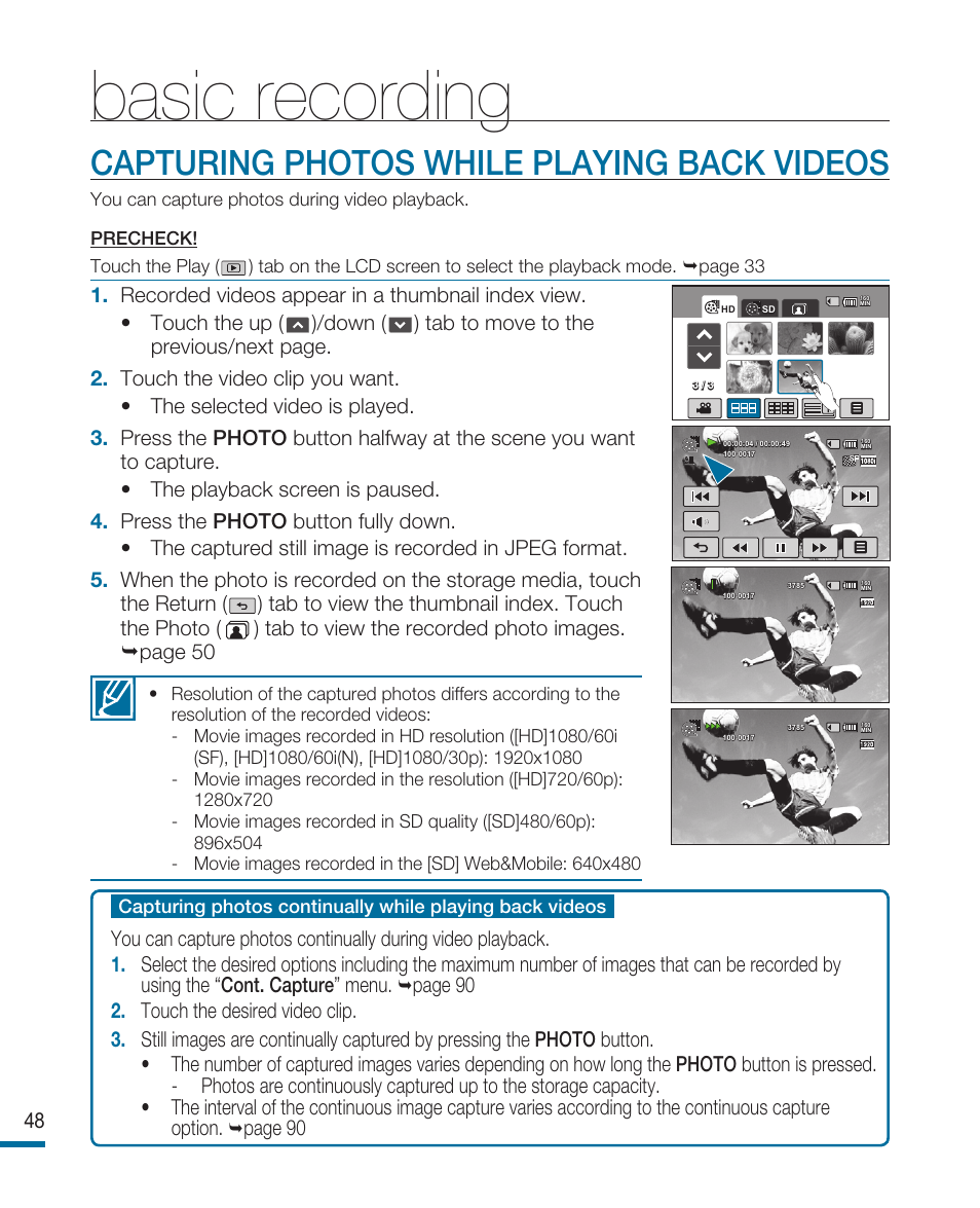 Capturing photos while playing back videos, Basic recording | Samsung HMX-R10SN User Manual | Page 52 / 157