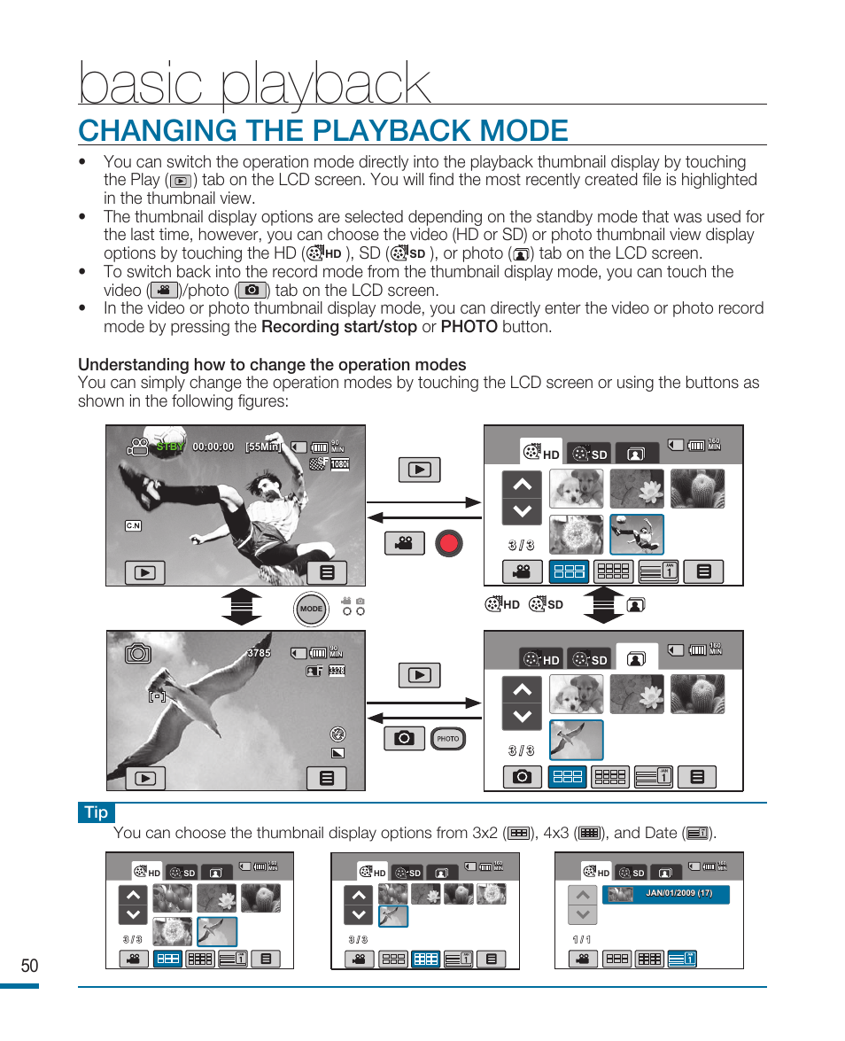 Basic playback, Changing the playback mode | Samsung HMX-R10SN User Manual | Page 54 / 157