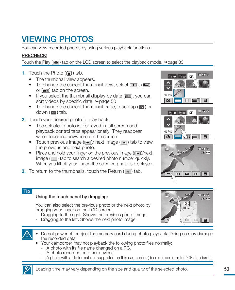 Viewing photos | Samsung HMX-R10SN User Manual | Page 57 / 157