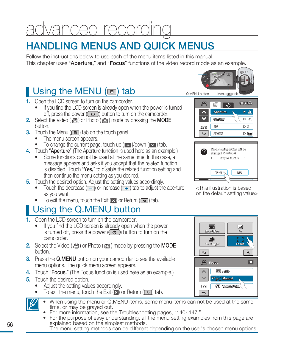 Advanced recording, Handling menus and quick menus, Using the q.menu button | Using the menu ( ) tab | Samsung HMX-R10SN User Manual | Page 60 / 157