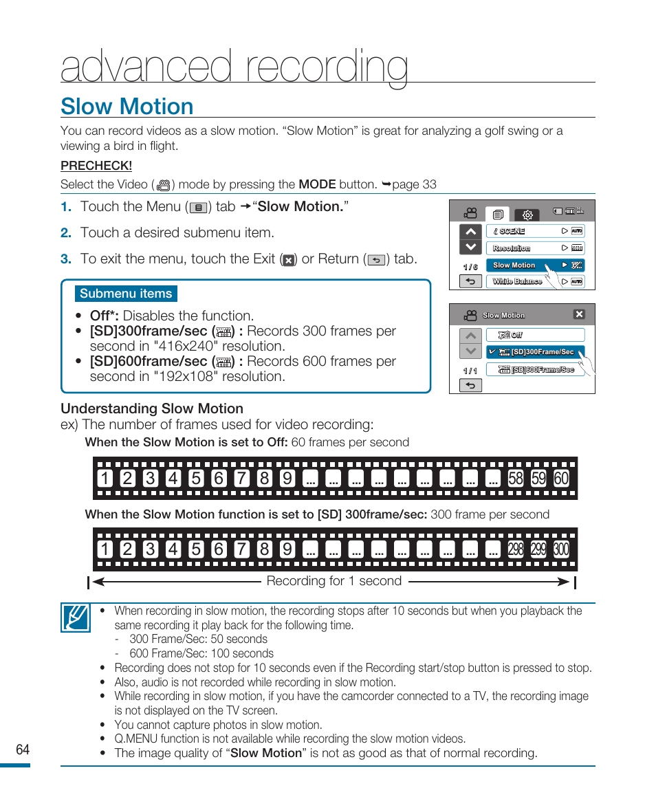 Slow motion, Advanced recording | Samsung HMX-R10SN User Manual | Page 68 / 157