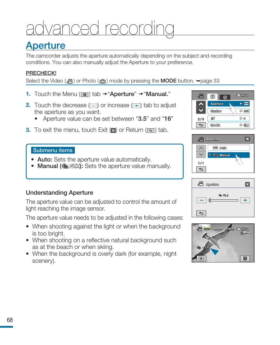 Aperture, Advanced recording | Samsung HMX-R10SN User Manual | Page 72 / 157