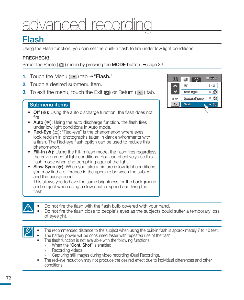 Flash, Advanced recording | Samsung HMX-R10SN User Manual | Page 76 / 157