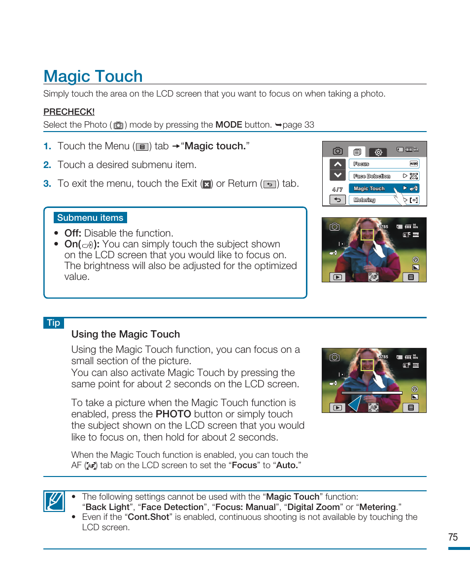 Magic touch, Touch the menu ( ) tab “magic touch, Touch a desired submenu item | Samsung HMX-R10SN User Manual | Page 79 / 157