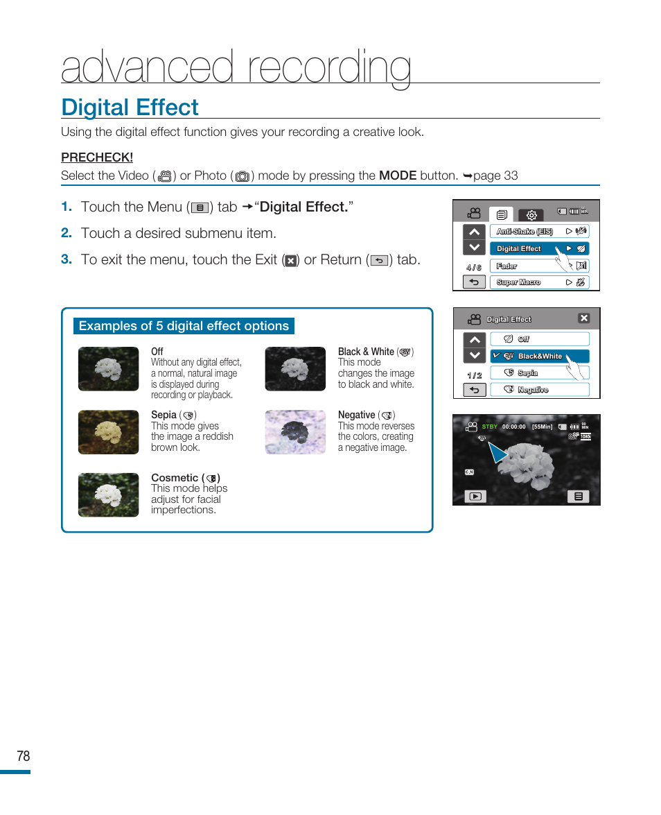 Digital effect, Advanced recording, Touch the menu ( ) tab “digital effect | Touch a desired submenu item | Samsung HMX-R10SN User Manual | Page 82 / 157