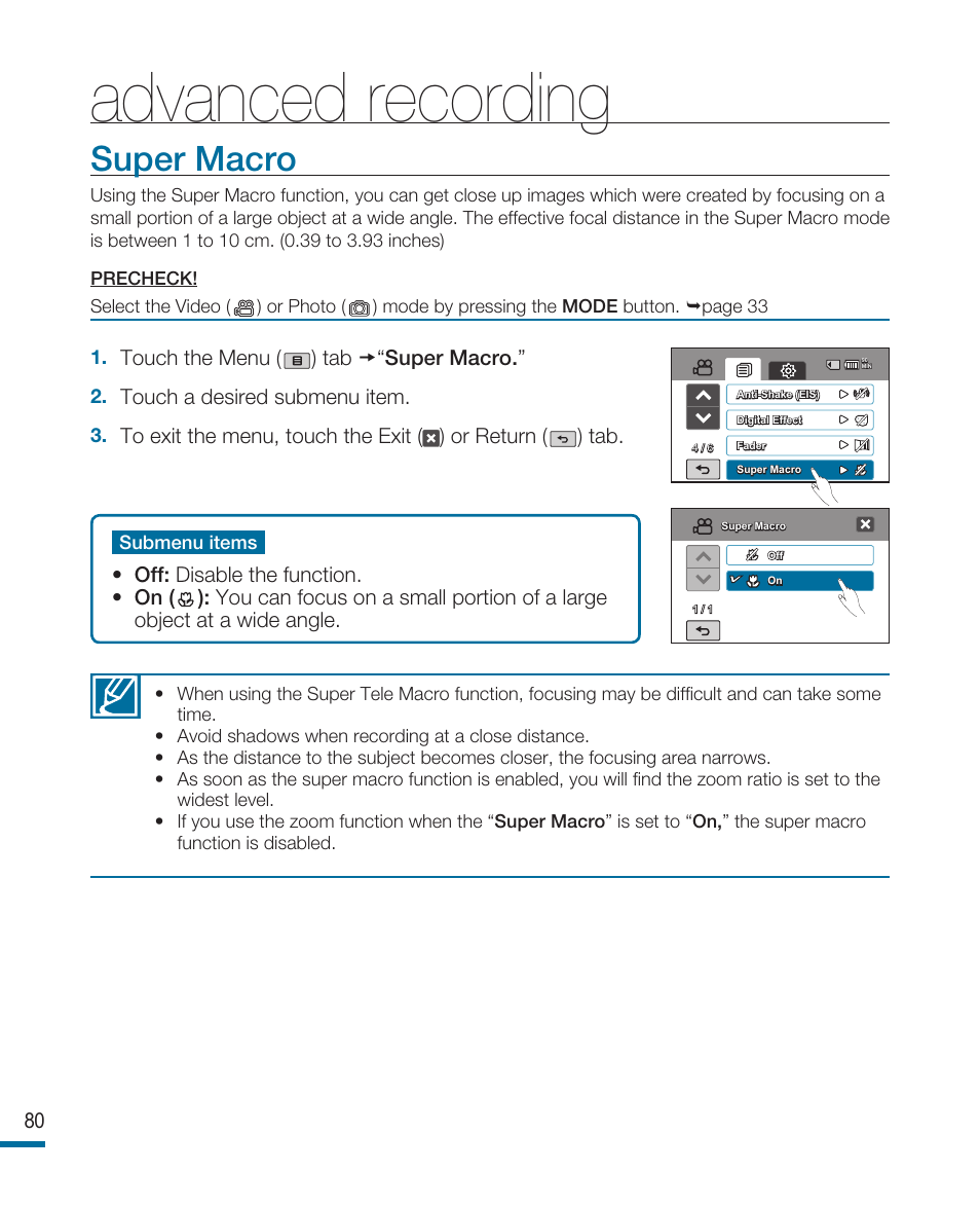 Super macro, Advanced recording | Samsung HMX-R10SN User Manual | Page 84 / 157