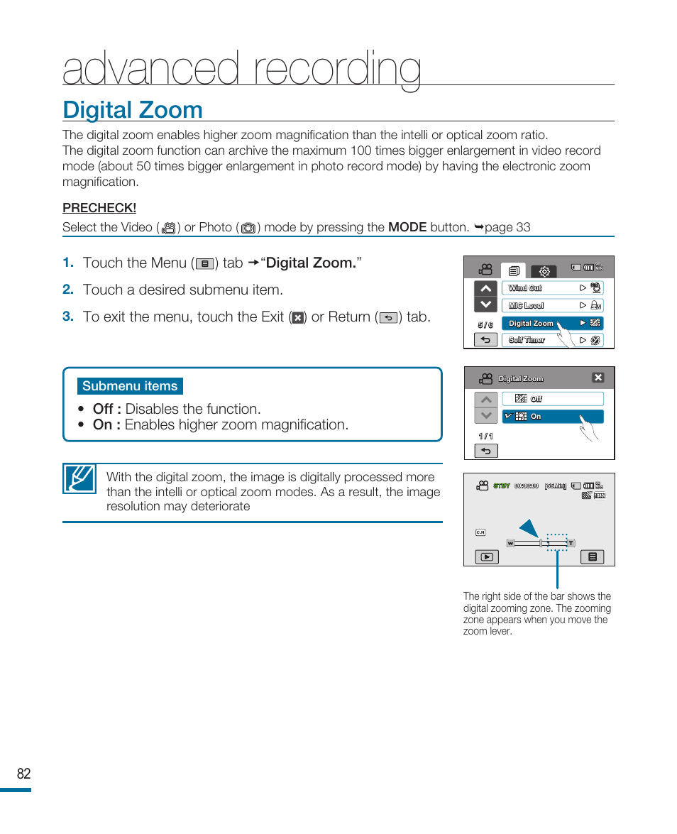 Digital zoom, Advanced recording, Touch the menu ( ) tab “digital zoom | Touch a desired submenu item | Samsung HMX-R10SN User Manual | Page 86 / 157