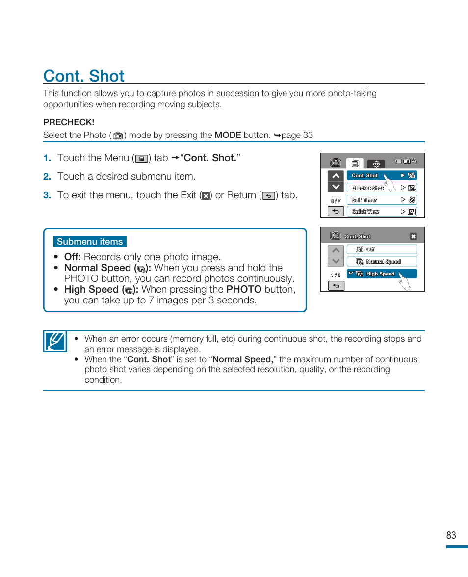 Cont. shot, Touch the menu ( ) tab “cont. shot, Touch a desired submenu item | Samsung HMX-R10SN User Manual | Page 87 / 157