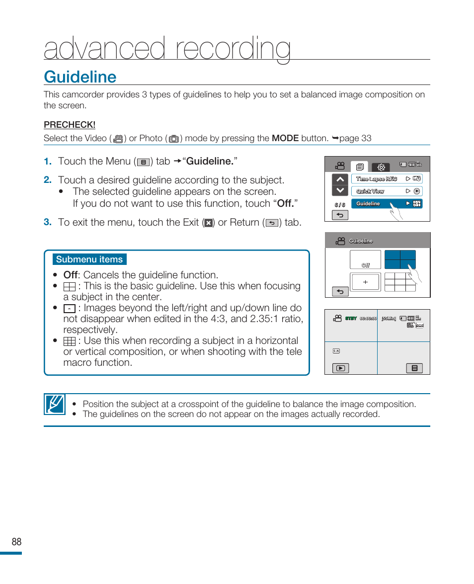 Guideline, Advanced recording | Samsung HMX-R10SN User Manual | Page 92 / 157