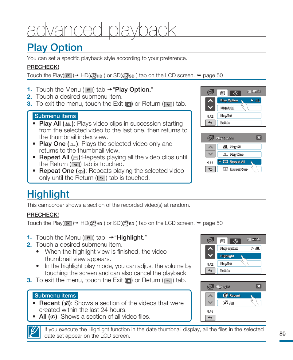 Advanced playback, Play option, Highlight | Samsung HMX-R10SN User Manual | Page 93 / 157