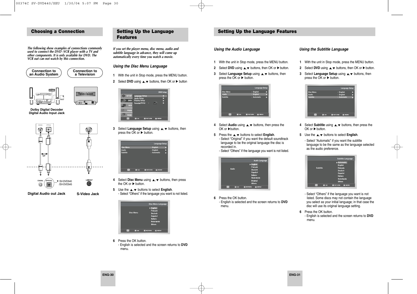 Choosing a connection, Setting up the language features | Samsung SV-DVD545 User Manual | Page 16 / 25