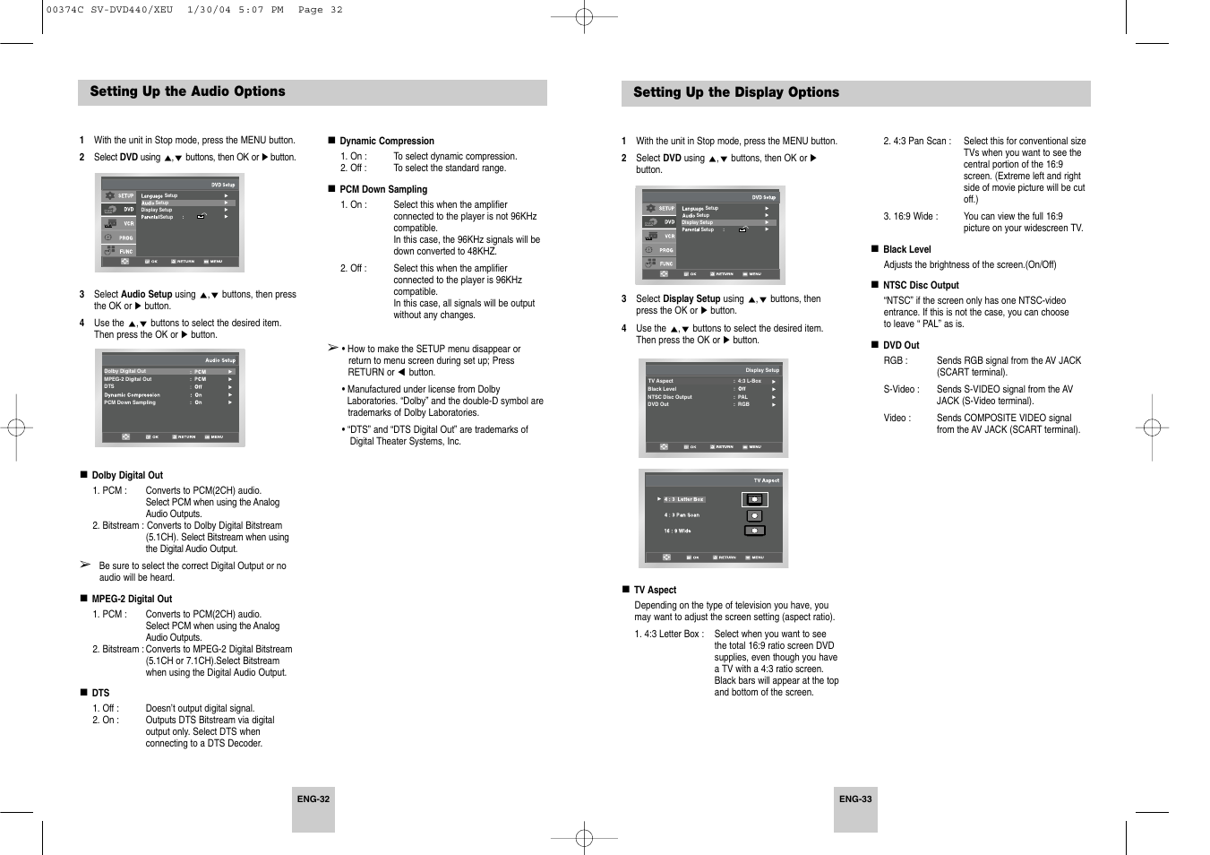 Setting up the audio options, Setting up the display options | Samsung SV-DVD545 User Manual | Page 17 / 25