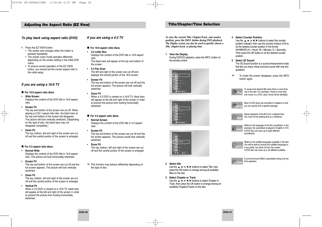 Title/chapter/time selection, Adjusting the aspect ratio (ez view) | Samsung SV-DVD545 User Manual | Page 19 / 25