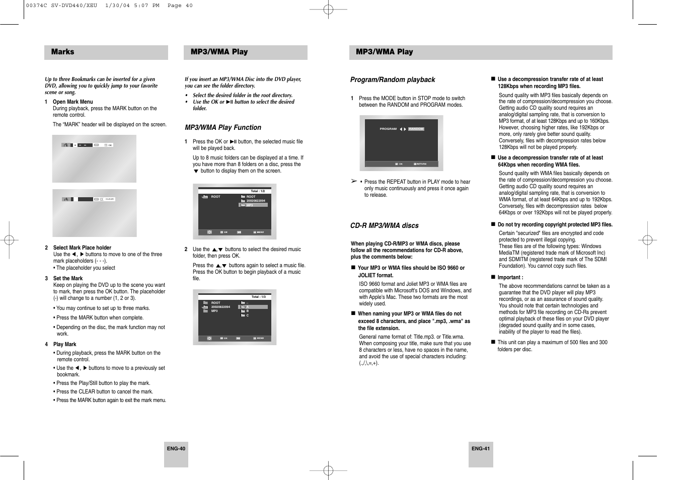 Mp3/wma play, Marks | Samsung SV-DVD545 User Manual | Page 21 / 25