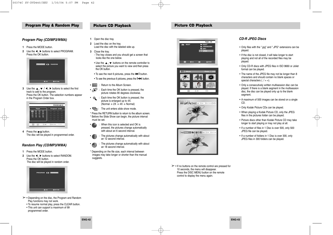 Program play & random play, Picture cd playback | Samsung SV-DVD545 User Manual | Page 22 / 25